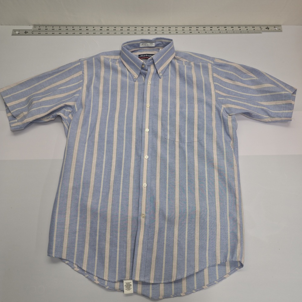 Vintage Manhattan Shirtmakers Blue White Striped Short Sleeve Button Down 15.5
